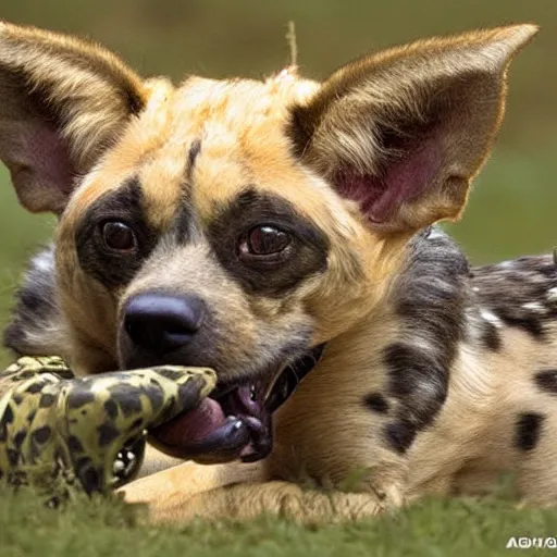 Image similar to National Geographic photo of yoda being eaten by African hunting dogs