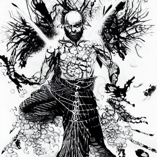 Image similar to black and white pen and ink!!!! rugged royal! Baháʼí Faith goetic Hugh Jackman x Frank Zappa golden!!!! Vagabond!!!! floating magic swordsman!!!! glides through a beautiful!!!!!!! battlefield dramatic esoteric!!!!!! pen and ink!!!!! illustrated in high detail!!!!!!!! by Junji Ito and Hiroya Oku!!!!!!!!! graphic novel published on 2049 award winning!!!! full body portrait!!!!! action exposition manga panel black and white Shonen Jump issue by David Lynch and Frank Miller beautiful line art Hirohiko Araki-s 150