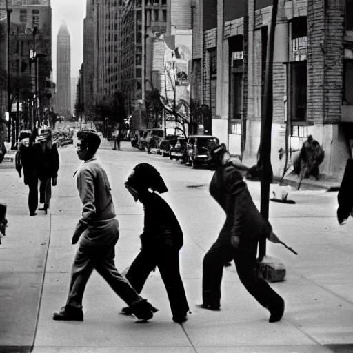 Image similar to street photography from 1961 Chicago, zombies walking politely down the sidewalk, in the style of Vivian Maier