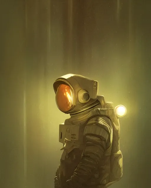 Prompt: character concept of an astronaut, cigarette in hand, in a dark rain forest at night, foggy, eerie, highly detailed, digital painting, artstation, concept art, symmetry, smooth, sharp focus, illustration, art by artgerm and greg rutkowski and alphonse mucha
