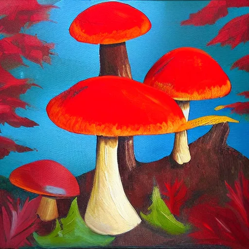 Prompt: modern painting giant mushrooms with red caps in a forest that is bright and cheerful