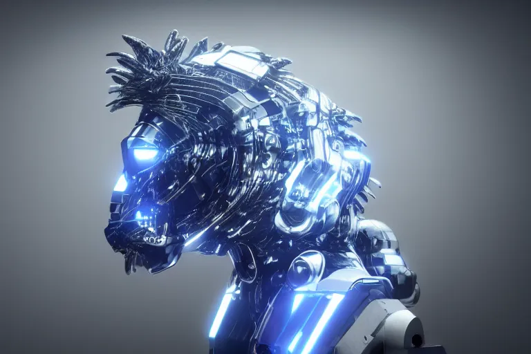 Image similar to lion, futuristic, cybernetic, metal, white blue grey, octane render, studio light,