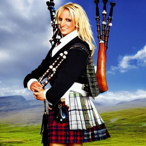 Prompt: epic realistic portrait of britney spears in scottish clothes and bagpipe, hd, 4 k, 8 k, detailed,