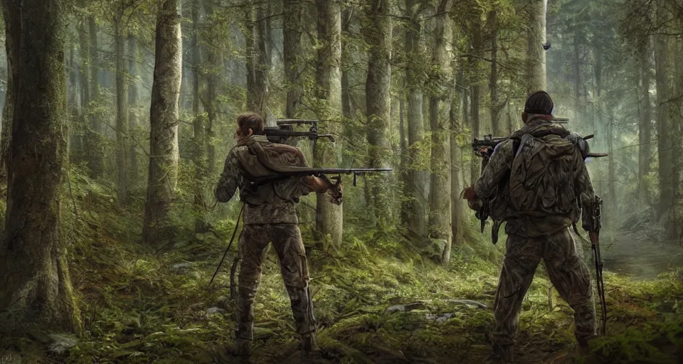 Image similar to A beautiful hyper realistic ultra detailed lifelike matte painting of a hunter in a forest aiming with his rifle, unreal engine, deviantart, flickr, artstation, octane render, textured, colorful, extreme realistic detail, physically based rendering, pbr render, very detailed, volumetric lighting, detailed lighting, octane render, 4k, cinematic lighting, 8k resolution