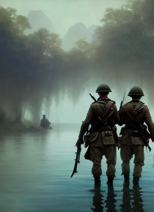 Image similar to Two soldiers trying to walk inside a lake, Battlefield 1, extremely detailed digital painting, in the style of Fenghua Zhong and Ruan Jia and jeremy lipking and Peter Mohrbacher, mystical colors, rim light, beautiful Lighting, 8k, stunning scene, raytracing, octane, trending on artstation