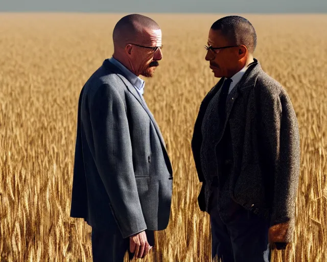 Prompt: extreme long shot of walter white and gustavo fring stand facing each other from a distance in a wheat field, low angle, side view, 8 5 mm photograph, 8 k resolution, wide shot, sharp lens, high detail, cinematic