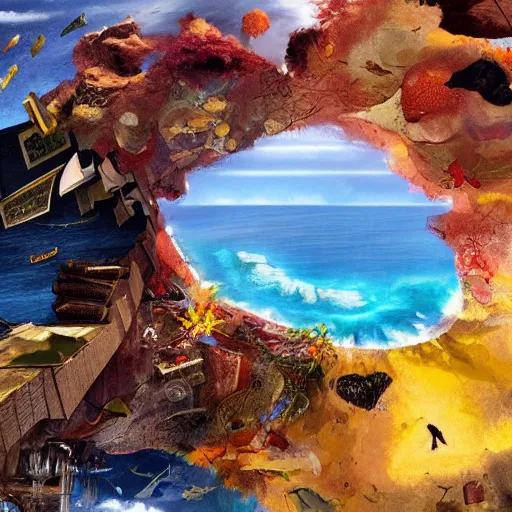 Prompt: A great vast ocean with islands peninsula archipelago, surreal, by Dave McKean, colorful, high quality, beautiful, high resolution, 8k, trending on Artstation, surreal