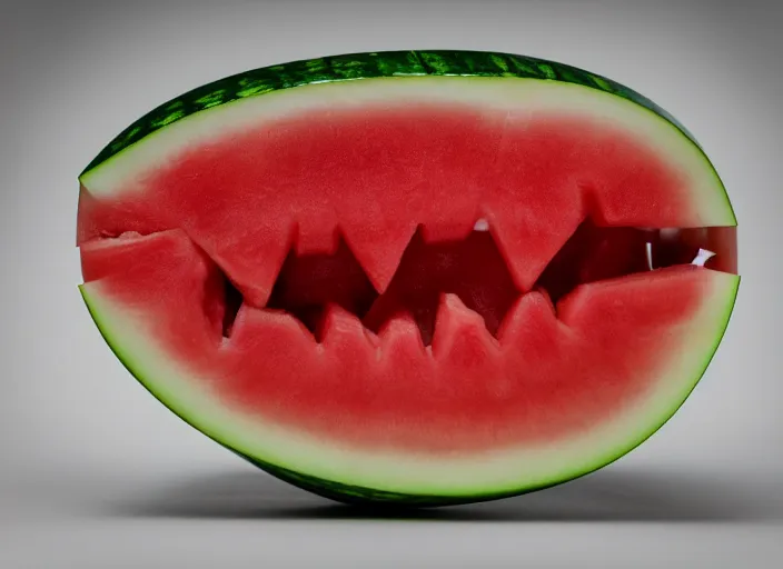 Image similar to photo still of a watermelon with human teeth, 8 k, studio lighting bright ambient lighting key light, 8 5 mm f 1. 8