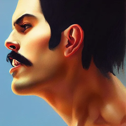 Image similar to of an ultradetailed beautiful portrait panting of freddie mercury, front view, oil painting, by ilya kuvshinov, greg rutkowski and makoto shinkai