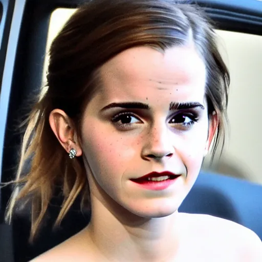 Image similar to emma watson unapologetically smirking from her car window, paparazzi photo, tabloid, perfect clear eyes, hermione granger