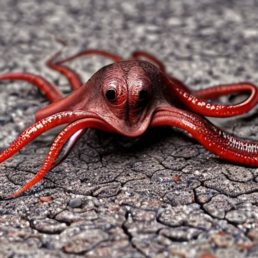 Image similar to earthworm octopus crawling across a sidewalk on rainy day, macro photography, hd, ultra 4 k realistic