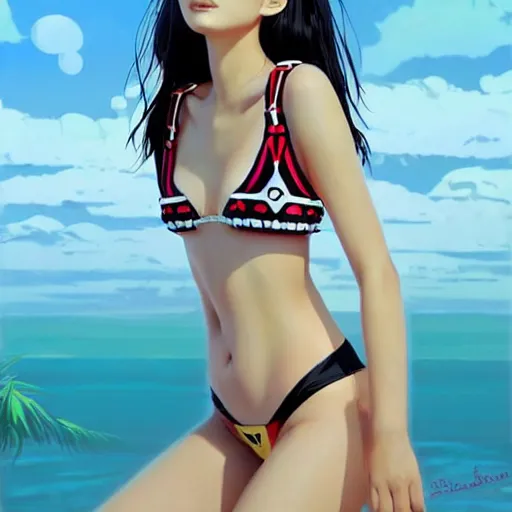 Image similar to a beautiful young japanese natalie portman alluring gravure model, stylized concept art, wearing elegant designer bomber jacket and one piece bikini, bomber jacket with mesoamerican patterns, mesoamerican native street fashion, princess mononoke, painted by ilya kuvshinov aesthetic, gorgeous, stunning, alluring, attractive, artstation, pinterest, digital art