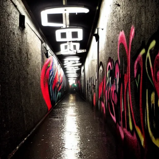 Image similar to dimly lit urban tunnel filled with beautiful graffiti,rainy,striking