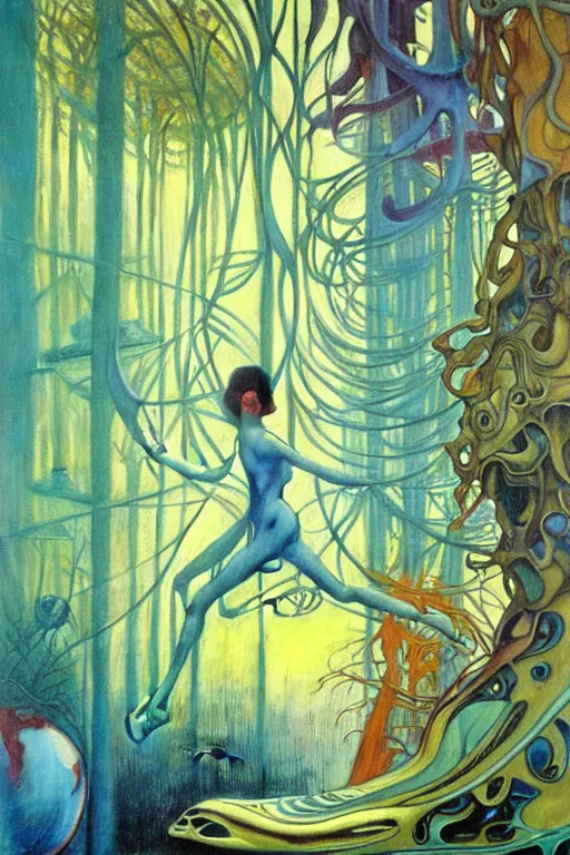 Prompt: realistic detailed painting of the beautiful nike sneaker, futuristic sci-fi forest on background by Jean Delville, Amano, Yves Tanguy, Alphonse Mucha, Edward Robert Hughes, Roger Dean, rich moody colours, blue eyes