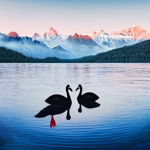 Image similar to photo of two black swans swimming in a beautiful reflective mountain lake, touching heads, forming a heart with their necks, a colorful hot air balloon is flying above the swans, hot air balloon, intricate, 8k highly professionally detailed, HDR, CGsociety