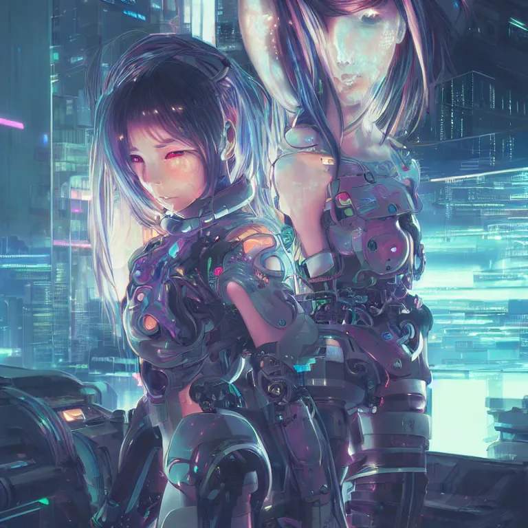 Image similar to anime visual of portrait futuristic cyber warrior girl, in future cyberpunk tokyo rooftop, ssci - fi, fantasy, intricate, very very beautiful, elegant, neon light, highly detailed, digital painting, artstation, concept art, smooth, sharp focus, illustration, art by tian zi and wlop and alphonse mucha