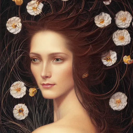 Image similar to facial portrait of a young pretty woman in flowing dress, arrogant, mysterious, long fine flowing hair, delicate, looking at camera, slightly awkward smile, realistic face, hands behind back, intricate, stylish, elegant, grimdark fantasy, flowers, extremely detailed painting by Gerald Brom and Ernst Haeckel and Greg Rutkowski