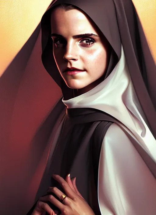 Prompt: portrait of emma watson as sexy sultry nun, catholic, church, cross, intricate, headshot, highly detailed, digital painting, artstation, concept art, sharp focus, cinematic lighting, illustration, art by artgerm and greg rutkowski, alphonse mucha, cgsociety