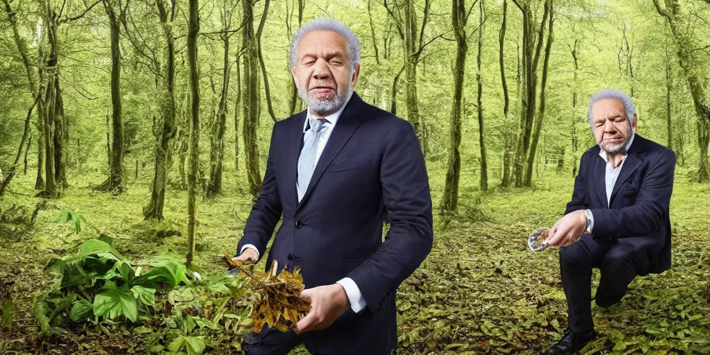 Prompt: alan sugar eating leaves in a forest. eating leaves