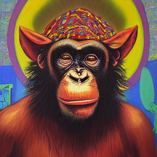 Image similar to portre of an autistic demonic chimpanzee on acid, masonic and kabalistic symbols in background, oil painting