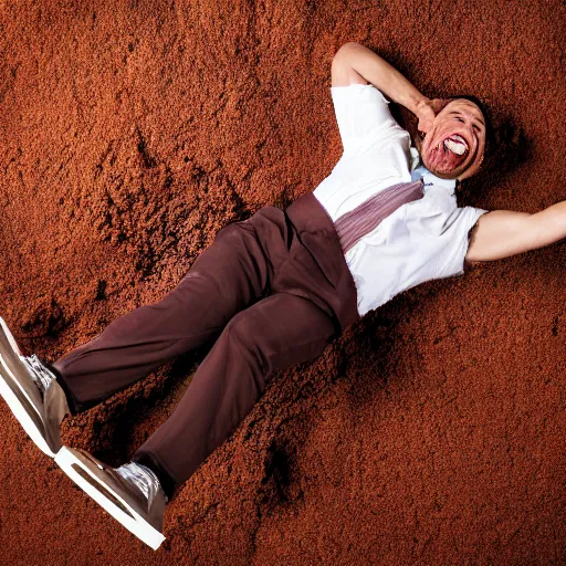 Image similar to a man sliding through brown pudding, professional photo, funny