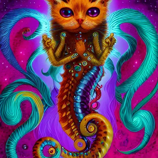 Prompt: autistic bisexual graphic designer fursona, long haired attractive androgynous cat seahorse humanoid, coherent detailed painterly character design, weirdcore voidpunk digital art by delphin enjolras, wlop, louis wain, furaffinity, cgsociety, trending on deviantart