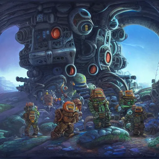 Image similar to mining crew in front of their spaceship by justin gerard, deviantart