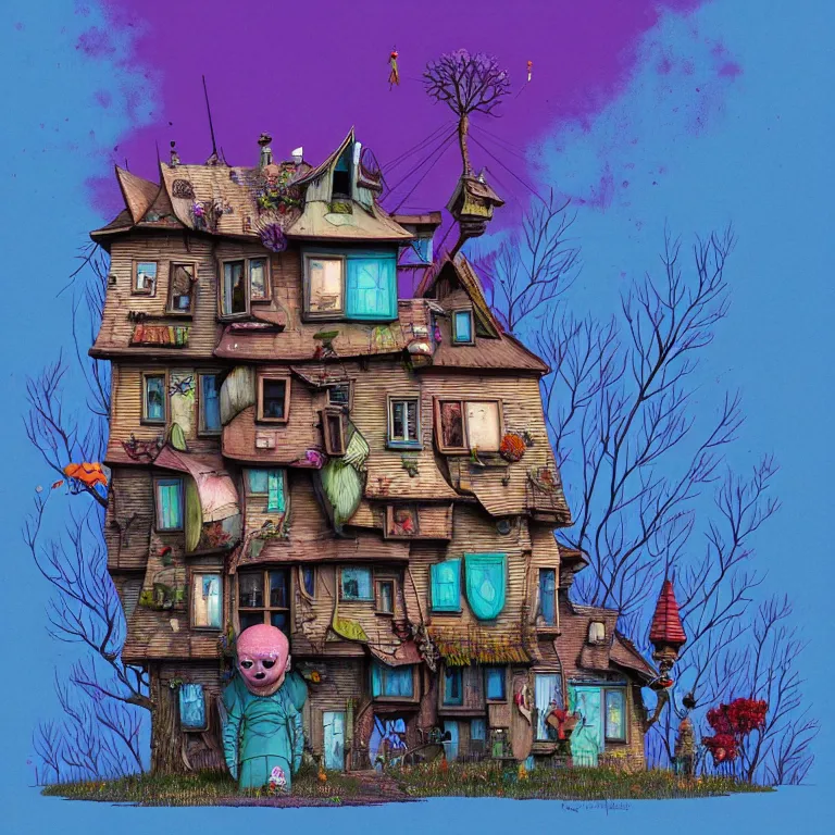 Image similar to house by elsa frozen, surreal art by gediminas pranckevicius, geof darrow, dark shadows, hard lighting, floralpunk, inking, etching, screen print, masterpiece, trending on artstation, sharp, colorful high contrast hd, 8 k hyper detailed