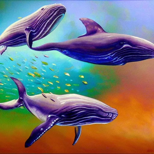 Prompt: whales underwater with scattered rubies, emeralds and topaz, oil painting