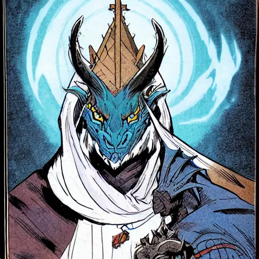 Image similar to head and shoulders portrait of a medieval d & d fantasy anthropomorphic blue dragon - headed sorcerer, comic book cover art by phil noto and frank miller