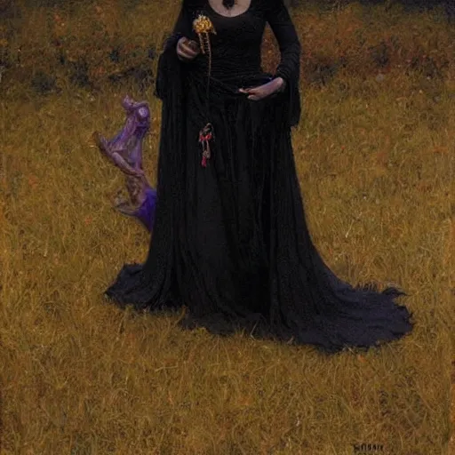 Prompt: a painting by donato giancola representing a witch dressed in black clothes embroidered with gold.