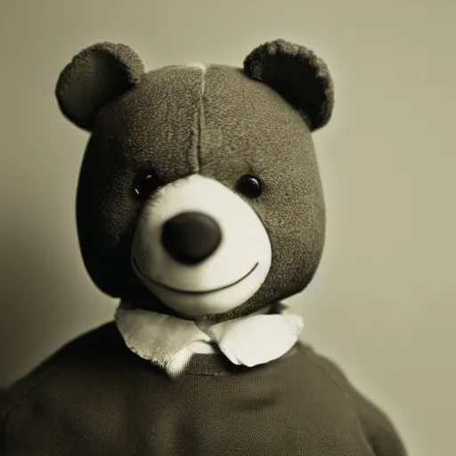 Image similar to Portrait studio photograph of Kanye West as a anthropomorphic teddy bear, close up, shallow depth of field, in the style of Felice Beato, Noir film still, 40mm