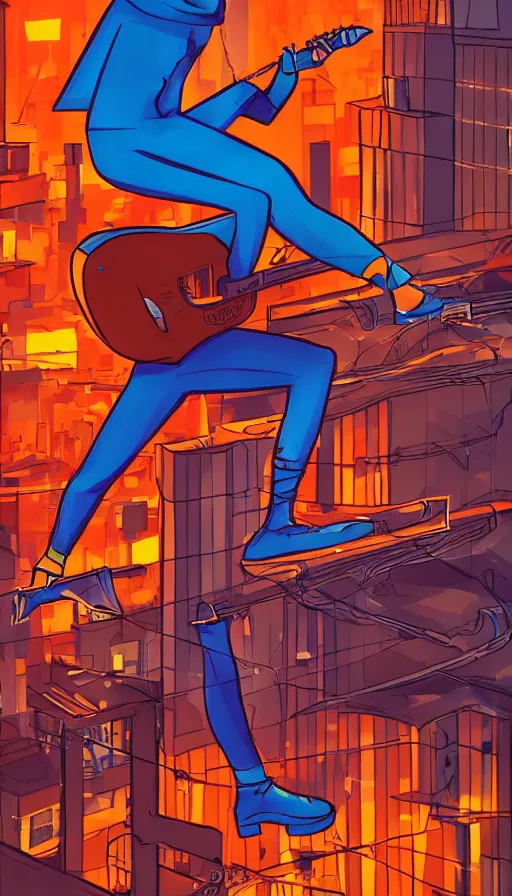 Prompt: A superhero playing the guitar on top of a rooftop in a cyberpunk city, pixar, long shot, blue hour lighting, Vaporware style, energetic, expressive, spirited, sharp, Award-Winning Art, Detailed, 8k, trending on behance
