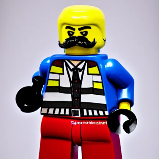 Image similar to photo of official lego lech!!! wałesa!!! with moustache! minifigure, 4 k, product photography, high quality