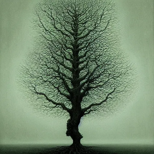 Prompt: tree of life, scary atmosphere, nightmare atmosphere, nightmare like dream by zdzisław beksinski