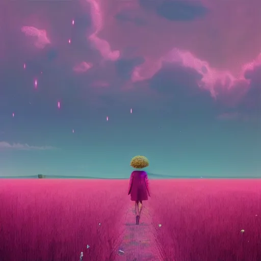 Image similar to giant pink daisy flower head, girl walking in wheat field, hills, surreal photography, dark night, star trails, dramatic light, impressionist painting, clouds, digital painting, artstation, simon stalenhag