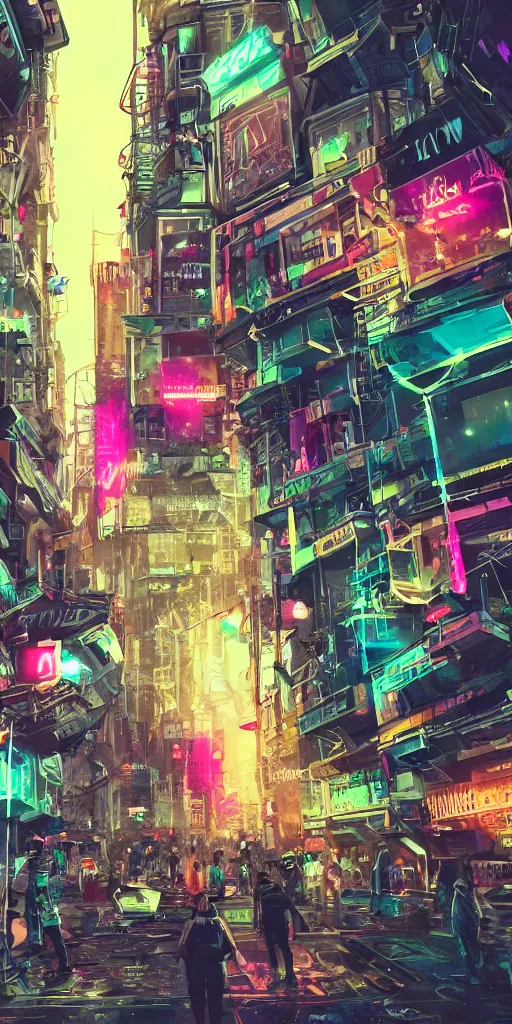 Prompt: lively futuristic sci-fi city superstructure, neon lights and illuminated windows, grungy textures and graffiti, crowds of people, cinematic street view, clean detailed 8k sci-fi illustration, trending on art station