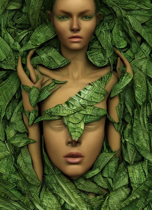 Image similar to alien woman, lake, clothes made out of leaves, rgb, cables everywhere, bedroom, ultra realistic, concept art, intricate details, highly detailed, photorealistic, octane render, 8 k