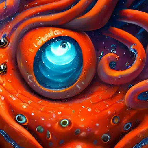 Image similar to a close up of an orange and black octopus, an airbrush painting by cyril rolando, featured on zbrush central, fantasy art, lovecraftian, zbrush, rendered in maya