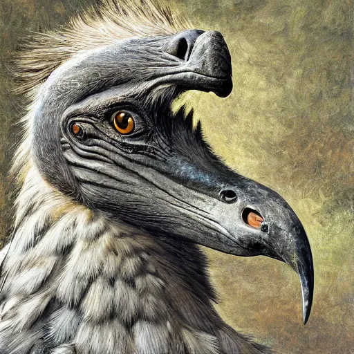 Image similar to wide-shot low-angle view of hippogriff highly detailed, sharp focus, digital painting, oil painting, artwork, museum work, by Robert Bateman, by Carl Brenders,