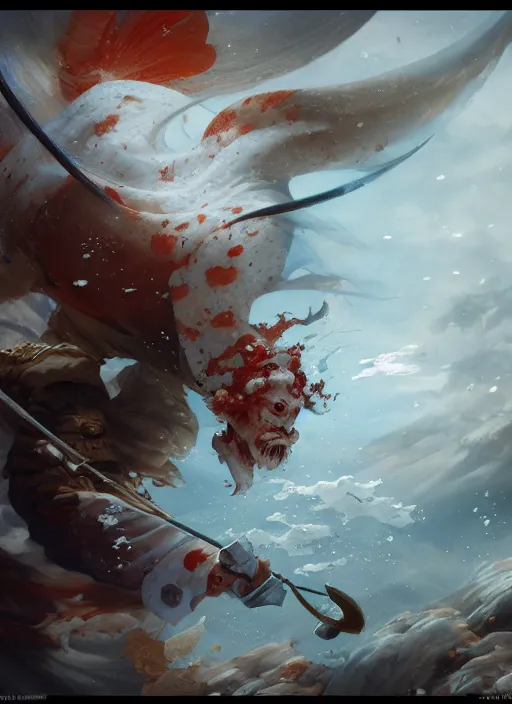 Prompt: subsurface scattering, white, koi, samurai, by jesper ejsing, justin gerard, tomasz alen kopera, cgsociety and fenghua zhong, highly detailed, rim light, cinematic lighting, illustration, art, octane render, very coherent, cinematic, hyper realism, high detail, octane render, 8 k