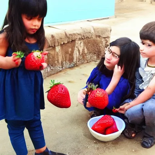 Image similar to shai khulud in dress eats strawberries with other kids