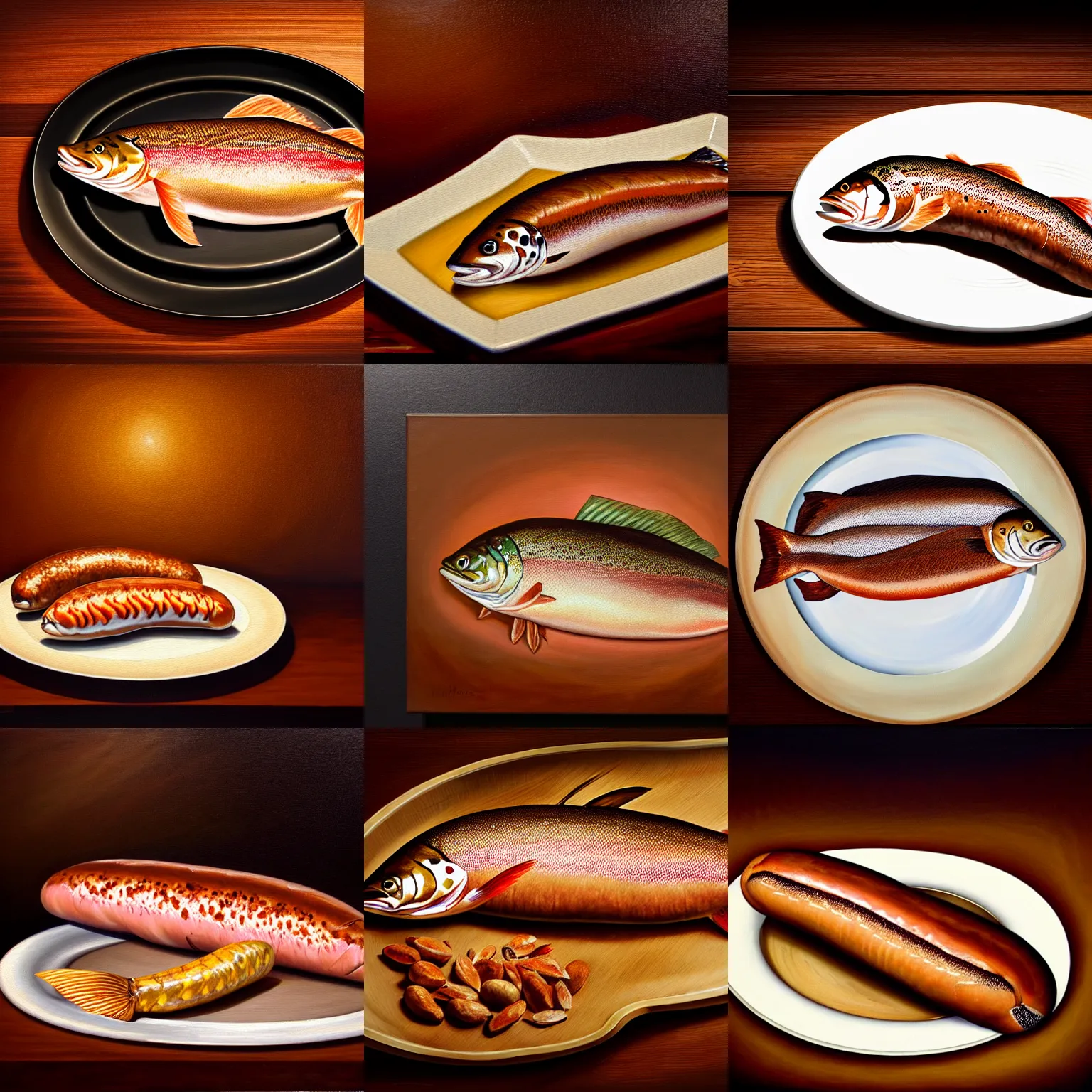 Prompt: realistic oil painting of a brown sausage with trout head and fins, white plate and wooden table on background, dramatic lighting