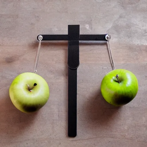 Prompt: set of balance scales with weights, one apple and one onion