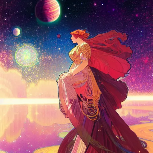 Image similar to highly detailed digital of colorful nebulas, planets in the background, highly detailed, intricate design, cinematic view, 8 k resolution, artstation by alphonse mucha, moebius, krenz cushart