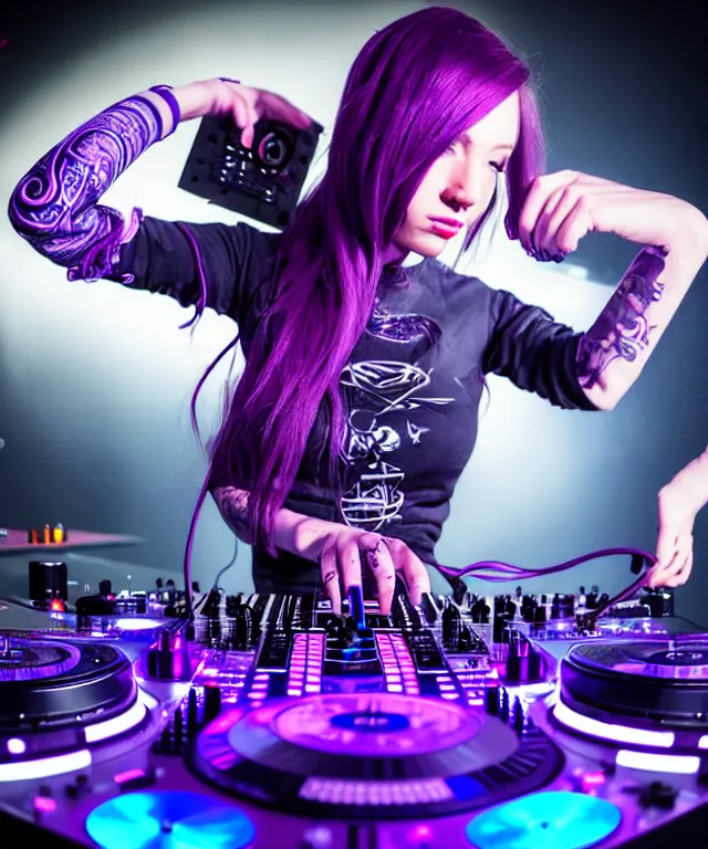 Prompt: android female DJ with 8 arms, plays on 8 vinyl decks at once, records in each hand. technics, Turntablist, hip-hop, scratch DJ, rave, performance, DMC Championships, future, cheering crowds, sell out event, loud music, sci-fi, fire eyes, face, blue and purple hair, intricate, elegant, highly detailed, RayTracing, digital painting, artstation, concept art, smooth, sharp focus, illustration, art by artgerm and greg rutkowski and alphonse mucha