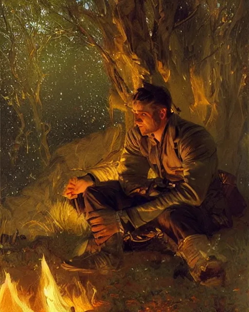 Image similar to very very attractive man contemplates his hands from beside the fire, his tent is nearby, nighttime, dim stars, bright firelight, melancholy, nostalgia, painting by gaston bussiere, craig mullins, j. c. leyendecker