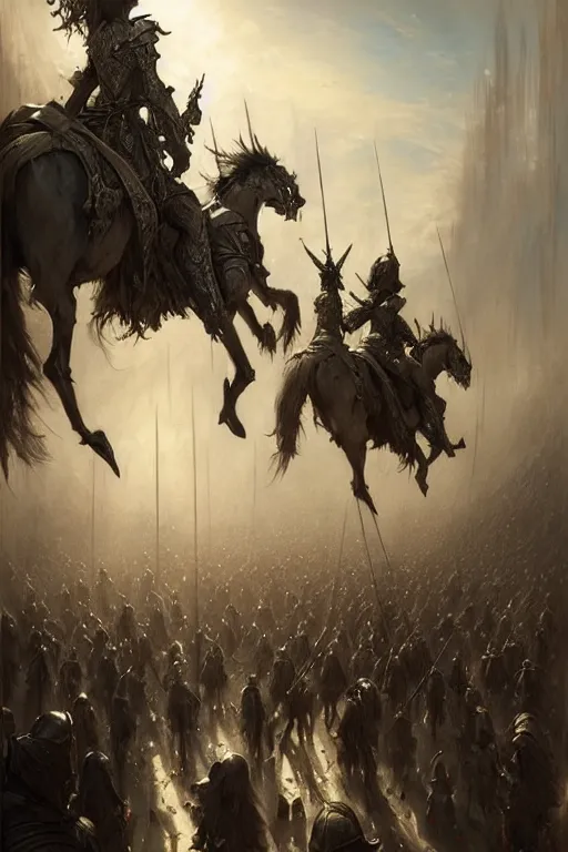 Prompt: medieval parade of knights, by wlop, by luis royo, by peter mohrbacher, concept art, digital illustration, intricate, masterpiece, elegant, super detailed, unreal engine rendering, smooth, sharp focus, artstation hq