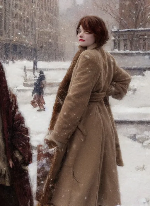 Prompt: back of emma stone in beige coat, talking to timothee chalamet in new york winter, snow, artwork by gaston bussiere, craig mullins, trending on artstation