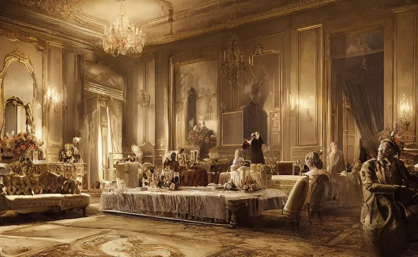 Image similar to realist rococo painting of a 1 9 2 0 s grand party in a beautiful mansion, many partygoers, strong contrast, unreal engine, hyper realism, realistic shading, cinematic composition, realistic render, octane render, detailed textures, photorealistic, ultrawide shot, 3 5 mm film